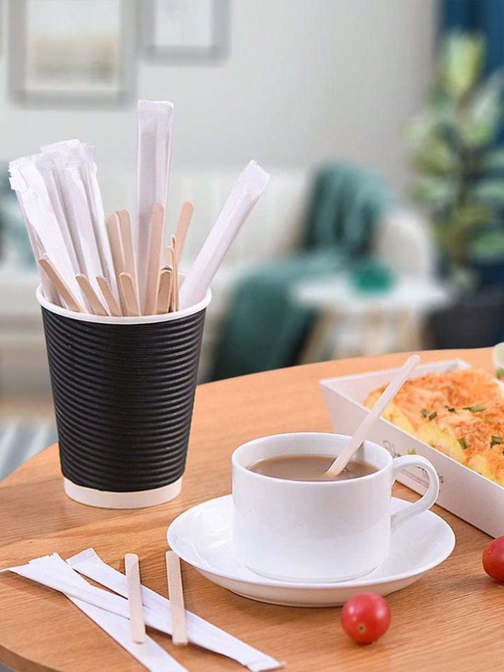 100pcs_200pcs Individually Wrapped Wooden Coffee Stirrers, Disposable Drink Mixing Sticks For Coffee, Cocktails, Hot Beverages, Juice_Milk_Beverage Mixing Paletina de madera para café sin funda 14 cm